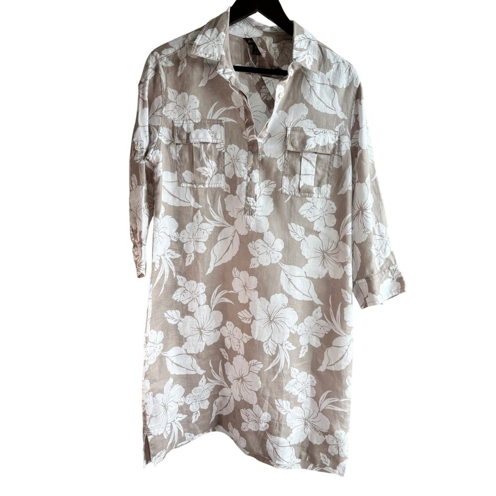 Tommy Bahama 100% Linen Floral Shirt Dress Tunic Beige White M